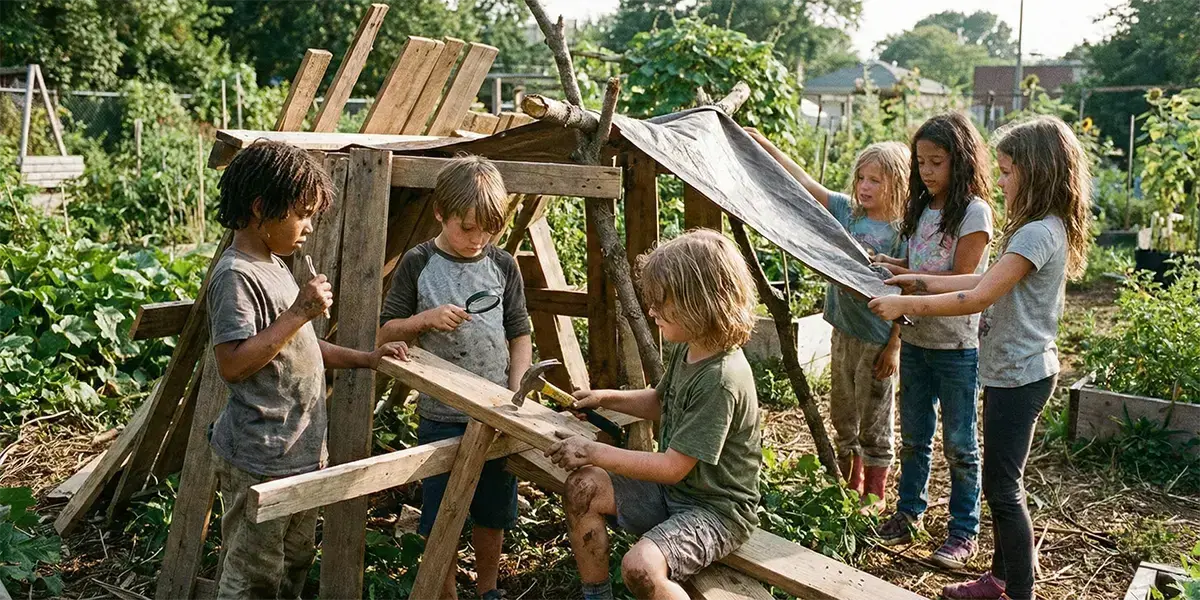 Groupe d'enfants dynamiques de 6 à 11 ans jouant ensemble en plein air, illustrant le développement moteur et social en centre de loisirs