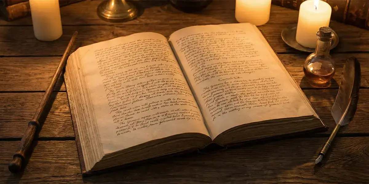 Vieux grimoire ouvert avec des pages manuscrites jaunies, posé sur une table en bois rustique à côté d'une baguette magique, d'une plume et d'une fiole, sous la lumière de bougies