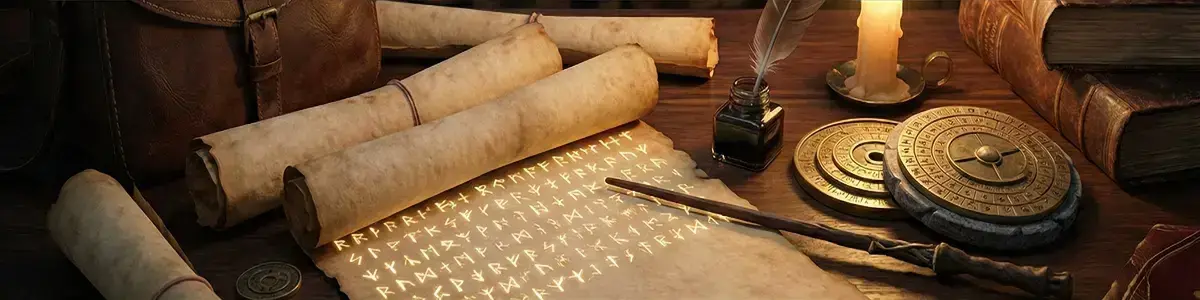 Bureau de sorcier avec parchemins, runes et baguette magique pour générateur de messages Harry Potter