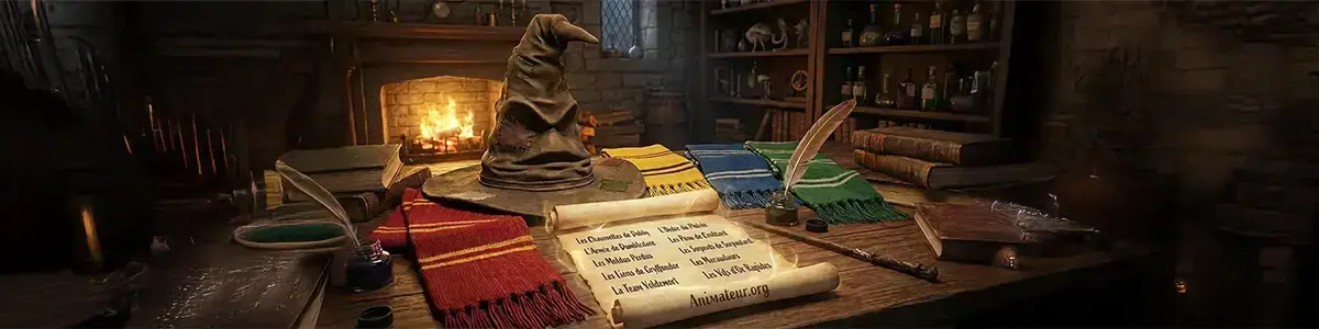 Parchemin listant des idées de noms d'équipe Harry Potter comme 'Les Moldus Perdus' posé devant le Choixpeau et les écharpes colorées des différentes maisons de Poudlard