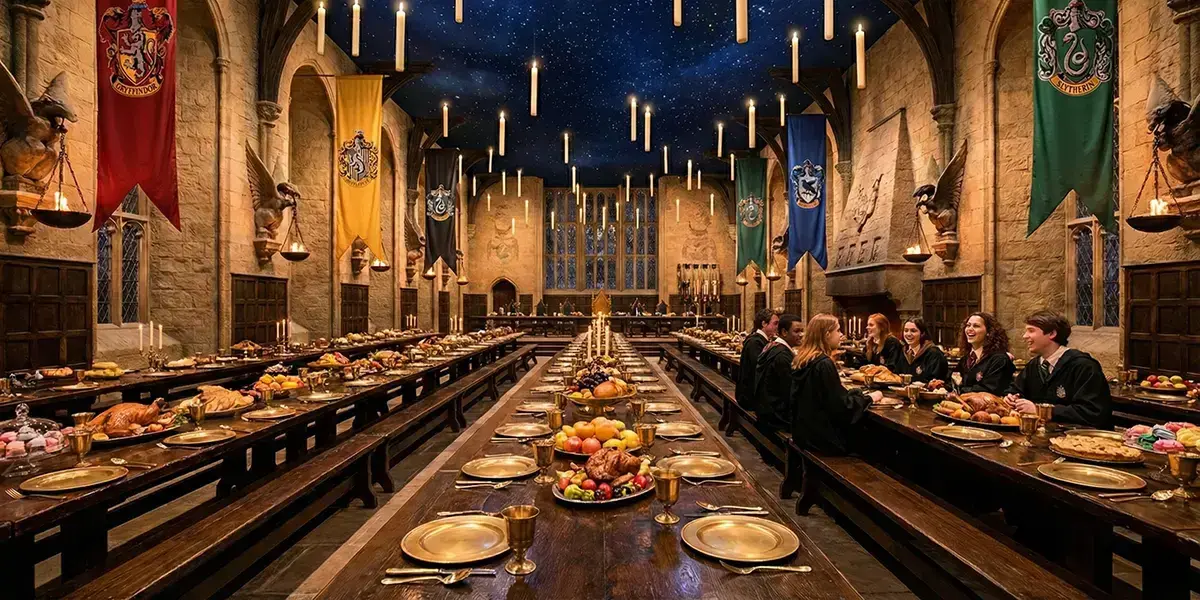 Vue panoramique de la Grande Salle de Poudlard prête pour un banquet, avec des tables dressées, des bougies flottantes sous un plafond étoilé, et les bannières des quatre maisons