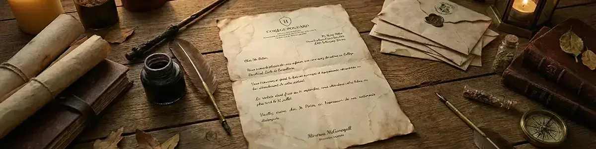 Lettre d'admission au Collège Poudlard adressée à Harry Potter, posée sur un bureau en bois ancien entourée d'une baguette magique, d'une plume, d'un encrier et de parchemins