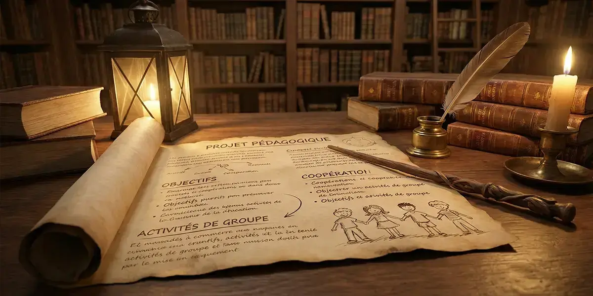 Bureau de travail ambiance Harry Potter avec un parchemin rempli de notes, une plume et une baguette, symbolisant la préparation du projet pédagogique
