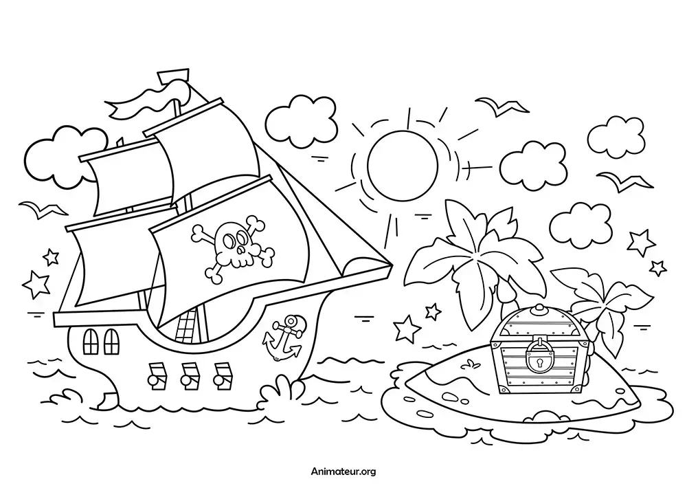 Coloriage thème pirate avec un bateau pirate et une île avec un coffre au trésor