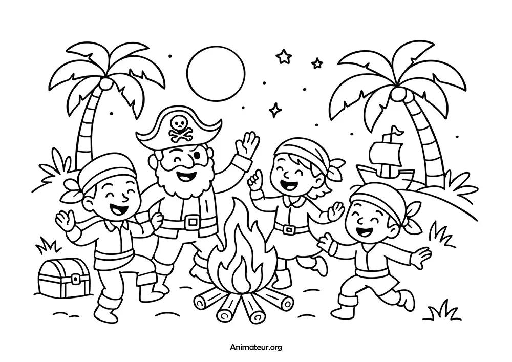 Coloriage thème Pirate avec une famille pirate autour d'un feu de camp sur une île