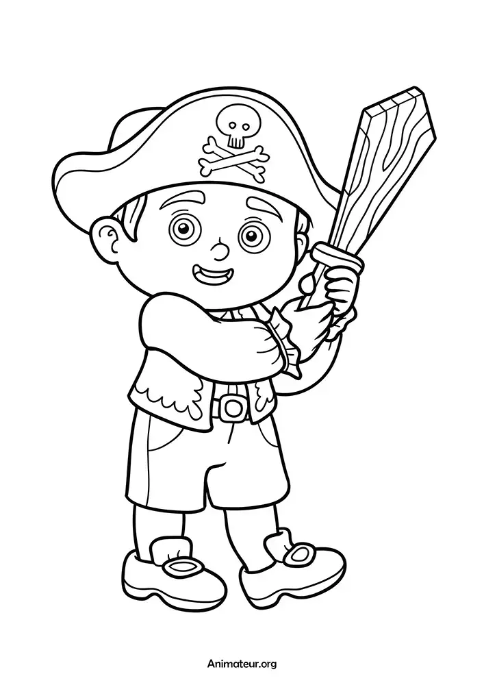 Coloriage d'un pirate avec un chapeau et qui tient dans ses mains une épée en bois