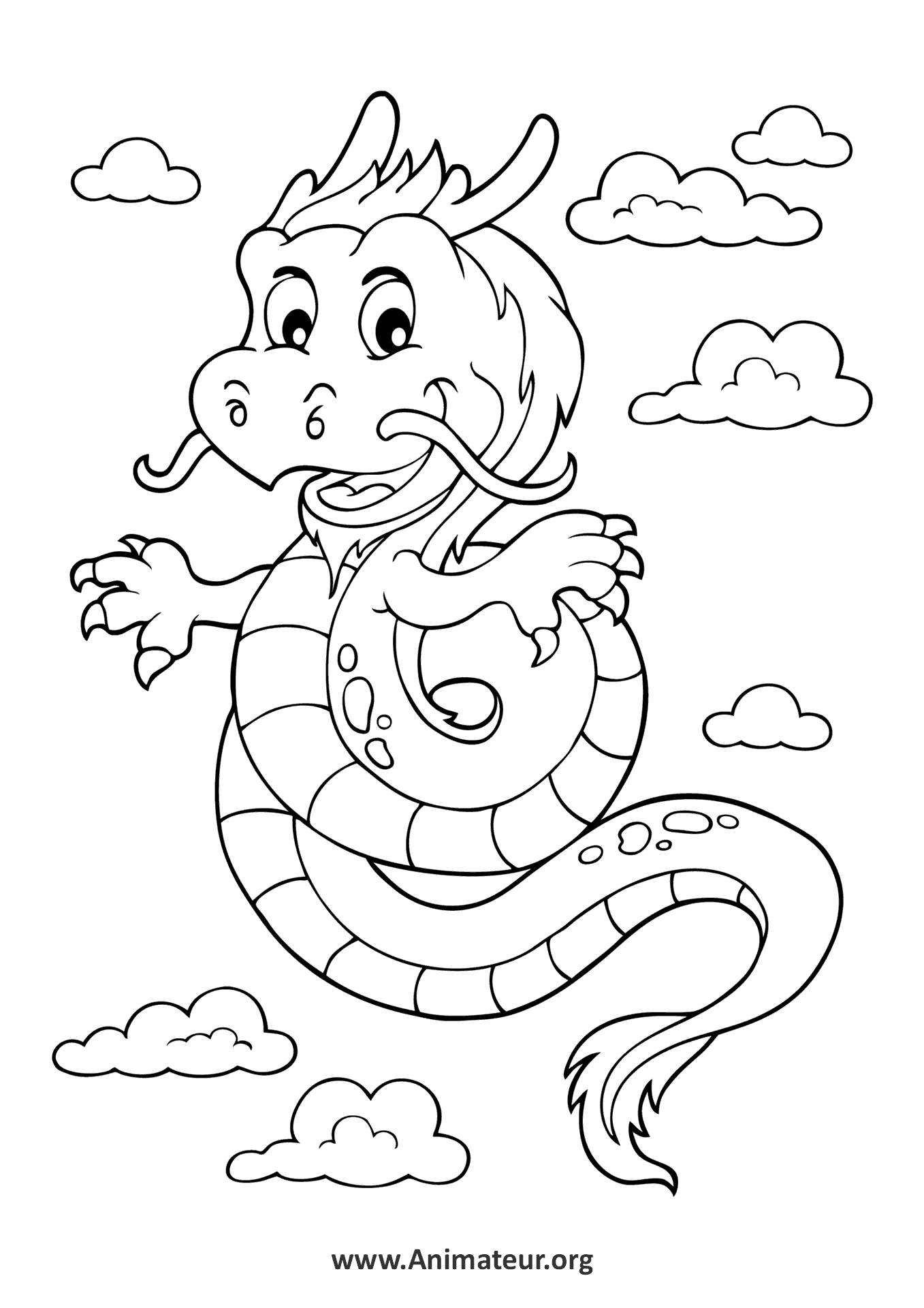 Coloriage d'un Dragon Chinois dans les Airs.