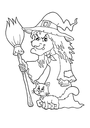 Coloriage de Sorcière avec son Balai et un Chat