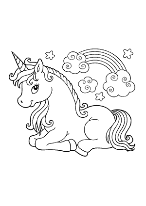 Coloriage de Licorne Assise avec un Arc-en-ciel