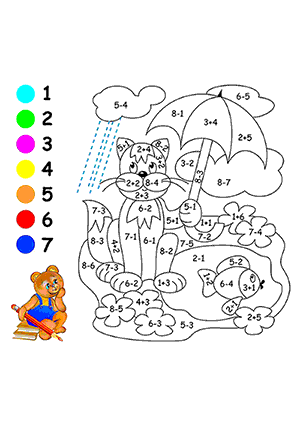 Coloriage Magique d'un Chat avec un Parapluie à côté d'une Marre