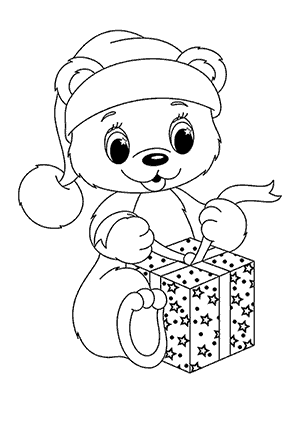 Coloriage d'un Nounours avec un Cadeau de Noël