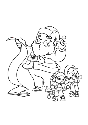Coloriage du Père Noël avec des Elfes