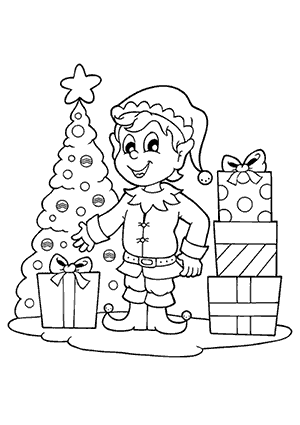 Coloriage d'un Elfe avec des Cadeaux et un Sapin