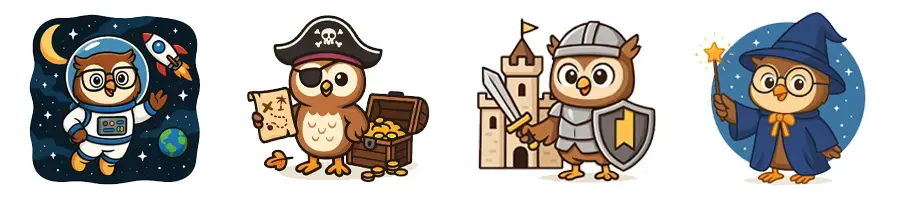 Différents thèmes pour enfants : l'espace, les pirates, les chevaliers, l'école de magie